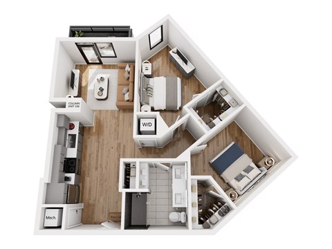 Floor plan for 2 beds, 1 bath, 863 sqft